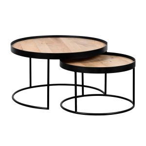 QUVIO Salontafel Sara – Set van 2 – Groot en klein – FSC®-gecertificeerd mangohout – Metaal – Zwart – Naturel