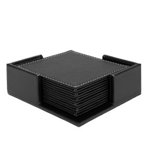 QUVIO Onderzetters incl. houder 6 stuks – 10 x 10 cm – Leer